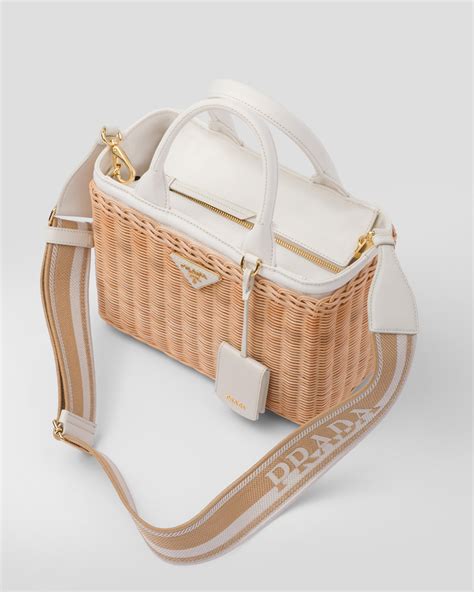 Natural/white Wicker and canvas tote bag 